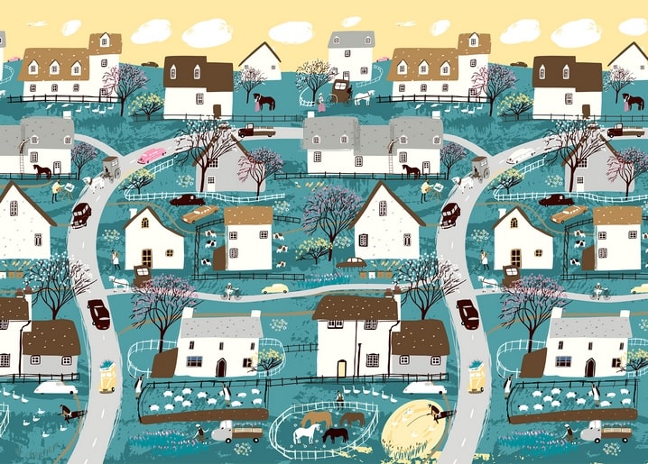 Folk-art illustrated village with blossoming trees, cottages, sheep, and horses in spring