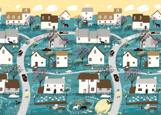 Folk-art illustrated village with blossoming trees, cottages, sheep, and horses in spring
