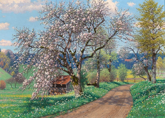 Apple trees in spring bloom along a country road past a small wooden hut