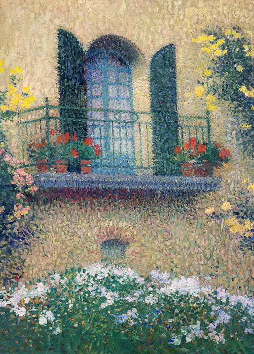 Pointillist painting of a blue balcony door with red geraniums and a garden of white and yellow flowers