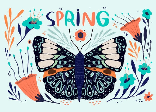 Illustrated dark blue butterfly with orange and teal wing pattern among spring flowers