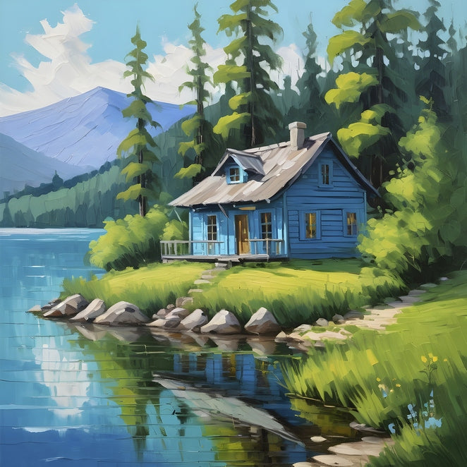 Painted blue wooden cabin by a lake, surrounded by pine forest and mountains