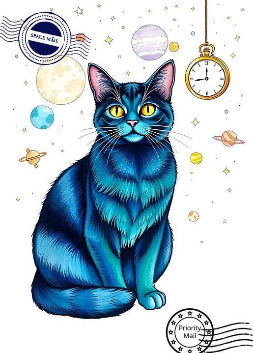 Postkarten-Illustration: blaue Katze mit Taschenuhr, Mond und Planeten