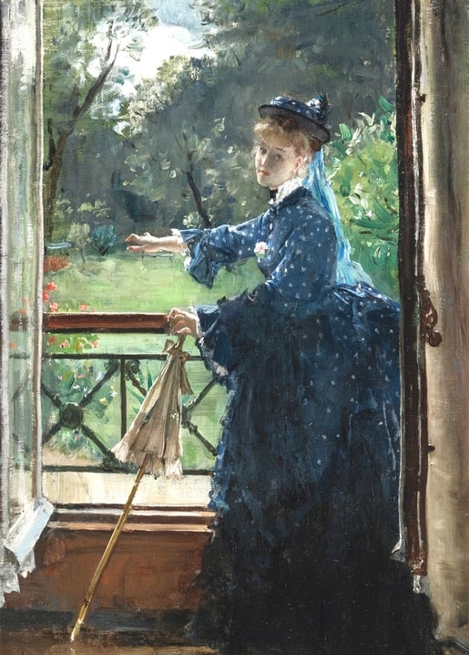 Alfred Stevens painting of a woman in a blue polka-dot dress reaching toward a garden from a balcony