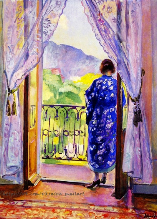 Henri Lebasque painting of a woman in a blue floral robe looking out from a balcony door toward mountains.