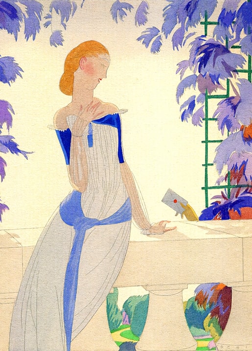 Art deco illustration of a woman in a blue-sashed gown standing at a garden balustrade with painted vases