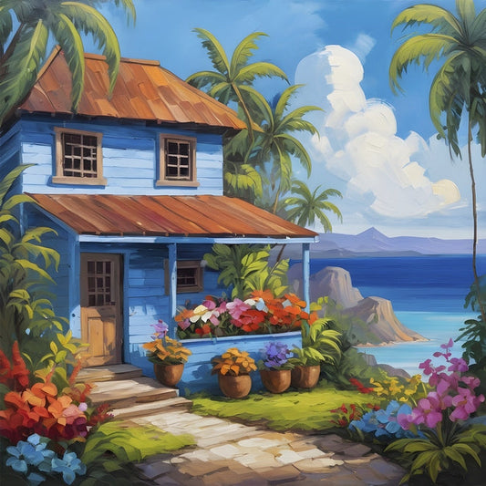 Illustration of a blue wooden tropical cottage with palm trees and an ocean view