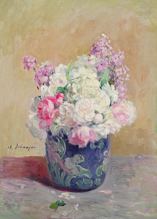 Henri Lebasque painting of white peonies and pink roses in an ornate blue vase