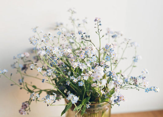 Small blue and white wildflowers in a glass jar with soft natural light
