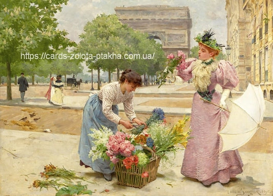 Gemälde von Louis De Schryver: Blumenverkäuferin füllt einen Korb, eine Dame in Rosa wartet auf der Avenue