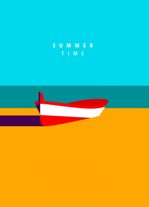 Minimalistische Illustration eines rot-weißen Ruderboots am Sandstrand unter türkisem Himmel, Schriftzug 'Summer Time'.