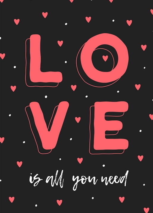 Große pinke Buchstaben „LOVE“ und Herzen auf schwarzem Postkartenhintergrund