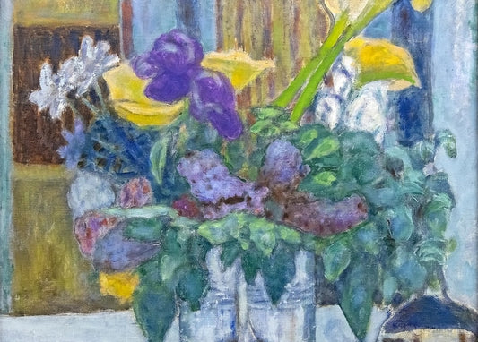 Bonnard postcard: purple iris, yellow calla lilies and daisies in a white-and-blue vase by a window.