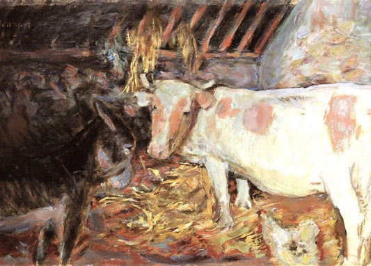 Bonnard painting of a cow and a dark-coated animal beside a white hen in a straw-filled barn