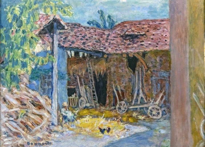 Bonnard postcard: sunlit tiled-roof shed with a wooden cart, ladder and hens in a Provençal farmyard.