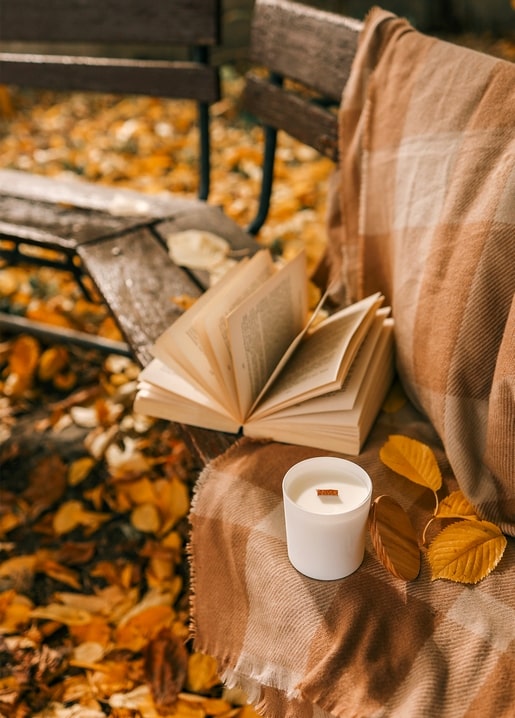 Aufgeschlagenes Buch, Kerze und Plaid auf einer Parkbank voller Herbstlaub