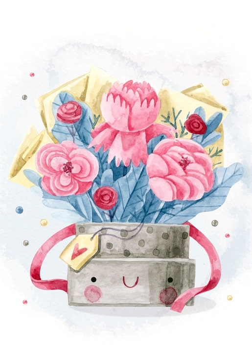 Watercolor bouquet of pink flowers in a smiling gift box tied with red ribbon