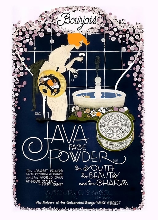 Вінтажна реклама пудри Java Bourjois: жінка в стилі ар-деко біля фонтану