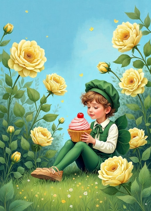 Illustrierter Junge mit grüner Mütze und Cupcake mit Kirsche zwischen gelben Rosen