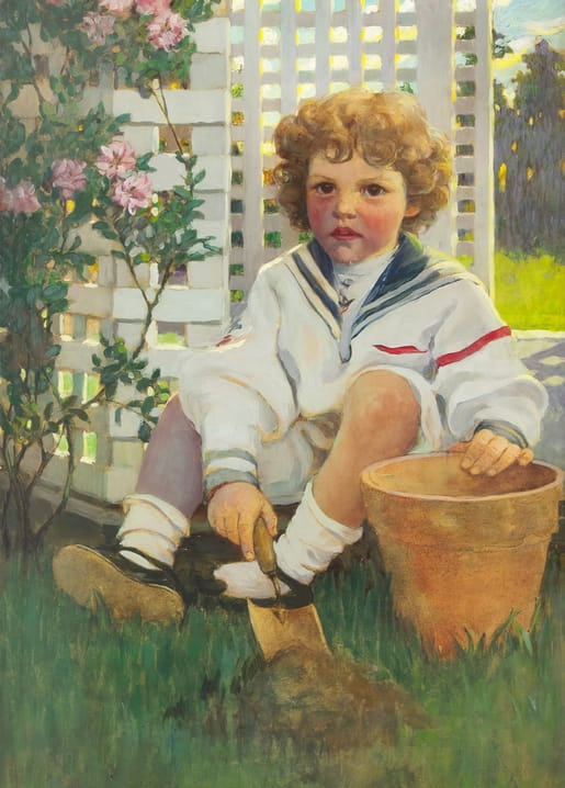 Jessie Willcox Smith's “Little Gardener” — curly-haired boy with a trowel beside a terracotta pot and roses