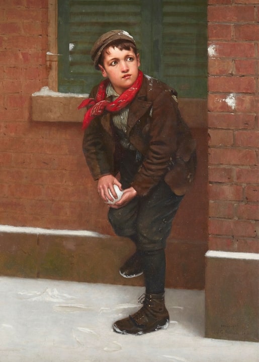 Painting by John George Brown of a boy in a red scarf holding a snowball by a brick wall