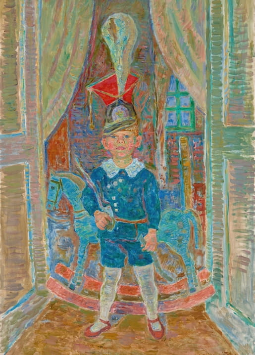 Oil painting of a boy in a uhlan's schako with a red plume, holding a wooden sabre among rocking horses