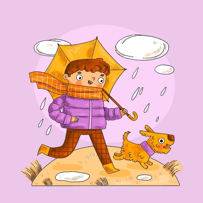 Illustrated boy in a purple coat running with a yellow umbrella and an orange dog through autumn rain