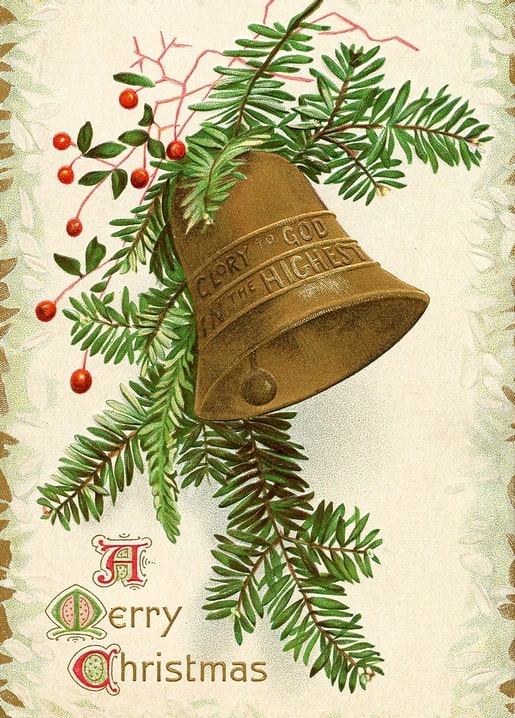 Vintage illustration of a brass bell with pine branches, red berries, and A Merry Christmas greeting