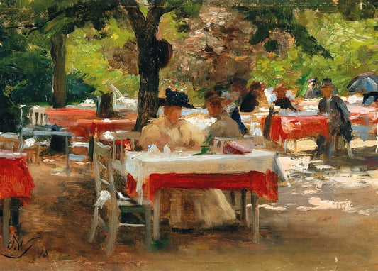 Impressionist garden café scene with ladies at red-clothed tables, painting by Olga Wisinger-Florian