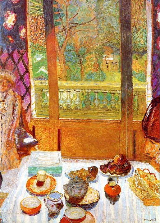 Bonnard painting of a breakfast table with coffee pot and fruit, French windows to a stone balcony
