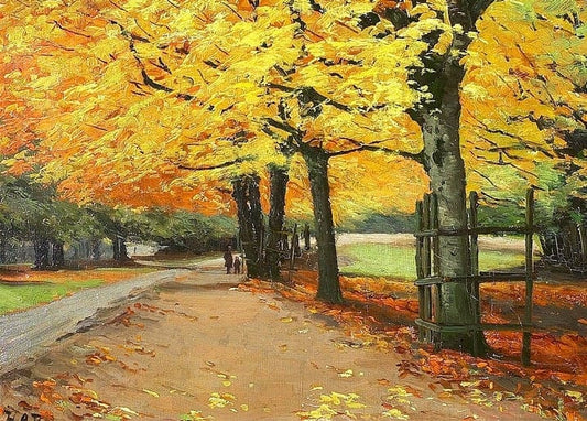 Herbstliche Buchenallee in Orange und Gelb, Holzzaun und zwei Figuren mit Hund, Gemälde von H. A. Brendekilde