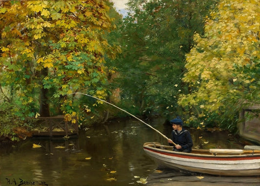 Boy in a sailor outfit fishing alone from a white rowboat on a tree-lined autumn canal.