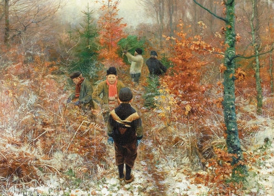 Painting of children and adults gathering a Christmas tree in a snowy late-autumn forest with orange beech leaves.