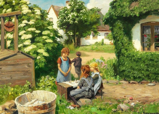 Three children playing in an ivy-covered farmyard with blossoming elder tree — H.A. Brendekilde painting.