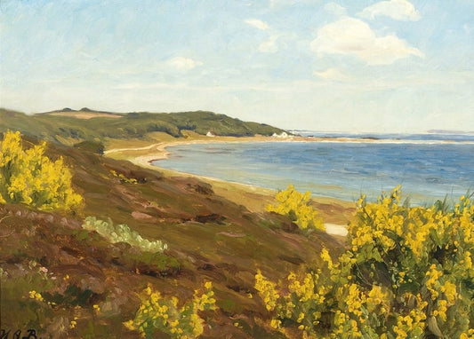 Painting of a yellow broom-covered hillside above a sandy bay and blue sea