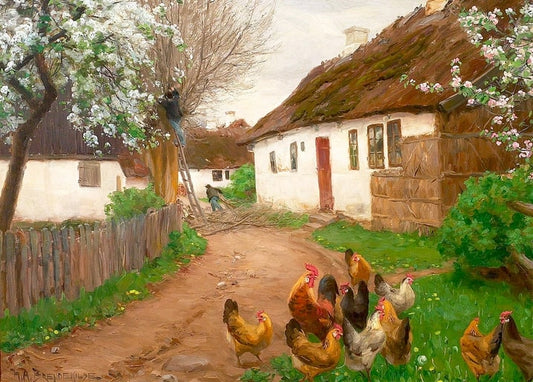 Hens crowd a farmyard path as men prune a blossoming apple tree by a thatched cottage