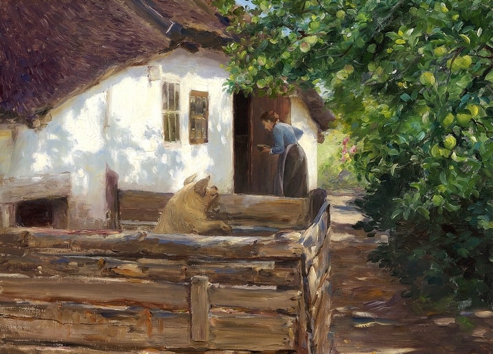 Pig leaning over a wooden farmyard fence with a woman at the cottage door and apple tree above