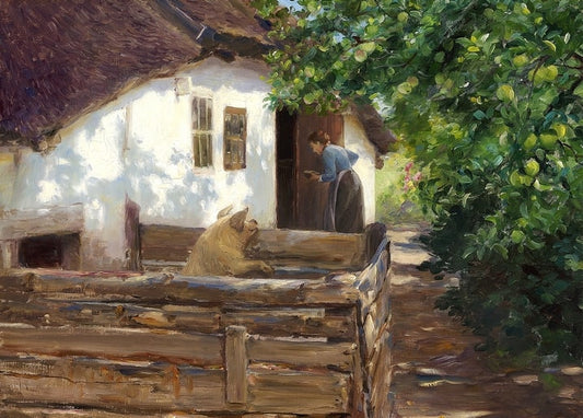 Pig leaning over a wooden farmyard fence with a woman at the cottage door and apple tree above