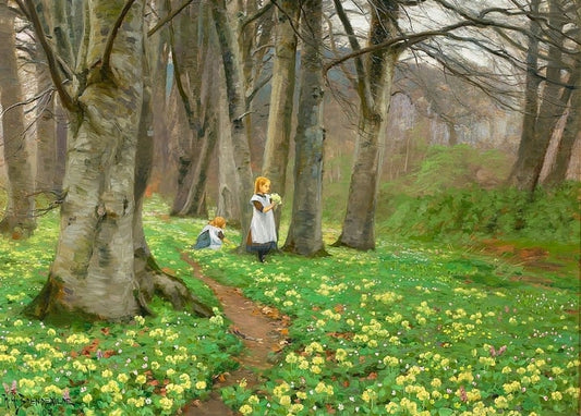Brendekilde painting of two girls picking yellow primroses on a beech forest floor in spring