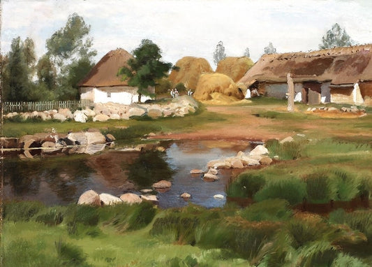 Brendekilde painting of a Danish farmstead with thatched barns, a haystack, and a marshy pond at harvest time
