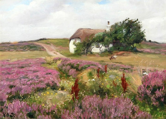 Painting of a thatched cottage in blooming heather under a cloudy sky, signed Brendekilde