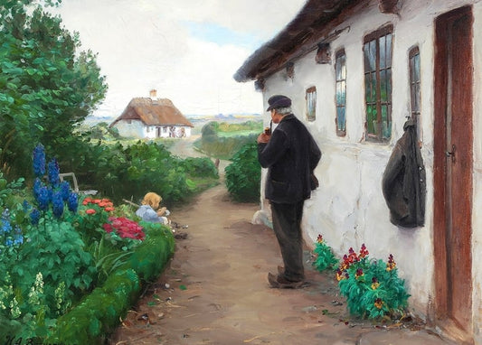 Картина Брендекілле: старий чоловік курить люльку біля будинку, дитина грається серед дельфіній