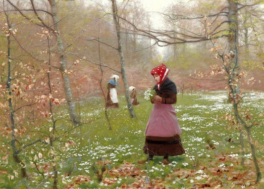 Girl in a red headscarf gathering anemones with two women in a spring beech forest, painting by H. A. Brendekilde