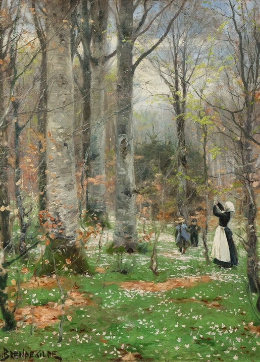 Hans Andersen Brendekilde painting of a mother and children walking through a beech wood in bloom