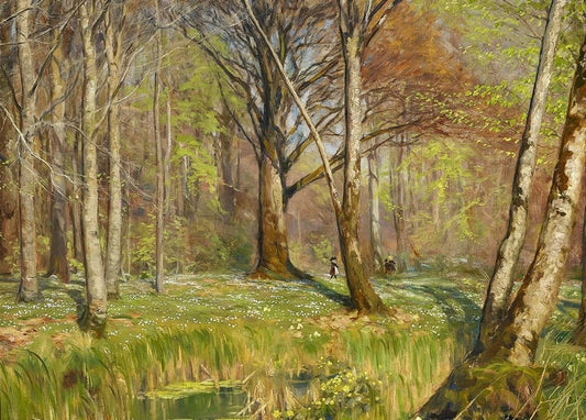 Sunlit spring beech forest with a winding stream, white anemones and two distant walkers, painting by H. A. Brendekilde