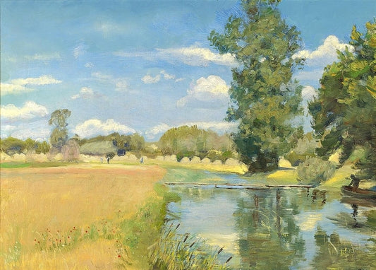 Summer river with reflections, a golden harvest field and haystacks, painting by H. A. Brendekilde