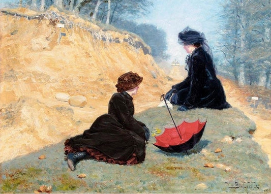 Brendekilde painting of two women in dark dresses resting on a grassy autumn hillside beside a red umbrella