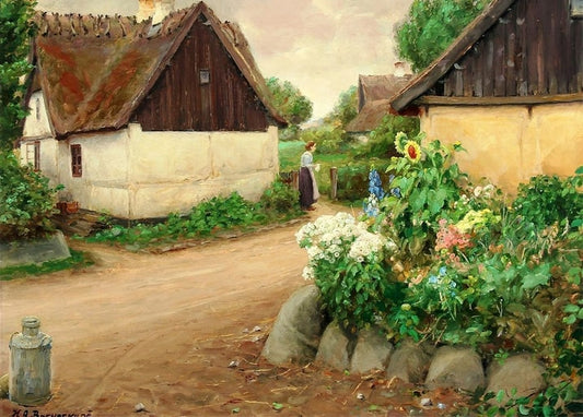 Village lane with blooming sunflowers where a woman reads a letter at the gate — H.A. Brendekilde painting.