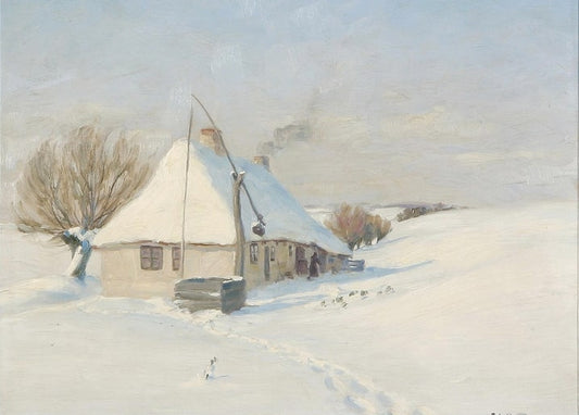 Painting of a whitewashed cottage nearly buried in snow under a pale, misty winter sky.