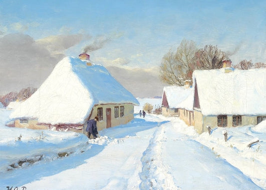 A sunlit snowy village lane between two snow-covered thatched cottages